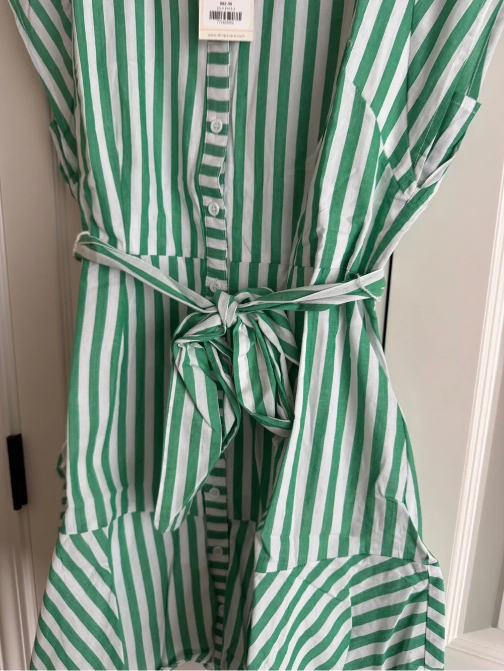 NWT Avara Erica Green Striped Button Front Belted Dress Size Medium - Picture 10 of 10